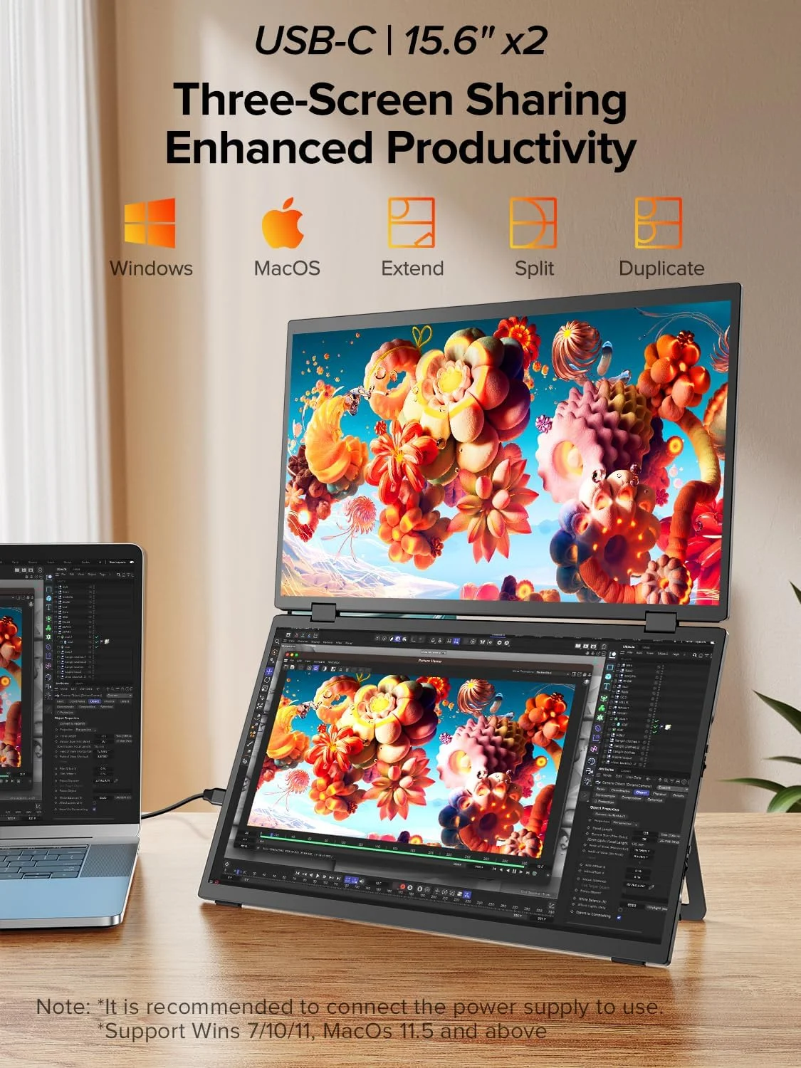 مانیتور دوگانه قابل حمل 15.6 اینچی UPERFECT Delta، توسعه دهنده صفحه نمایش لپ تاپ 1080P HDR تاشو 180 درجه، مانیتور سه گانه پشته ای با پایه و VESA برای لپ تاپ، کامپیوتر، تلفن، کنسول بازی (بدون نیاز به درایور)