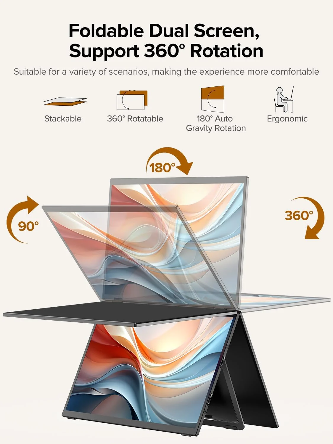مانیتور دوگانه قابل حمل 15.6 اینچی UPERFECT Delta، توسعه دهنده صفحه نمایش لپ تاپ 1080P HDR تاشو 180 درجه، مانیتور سه گانه پشته ای با پایه و VESA برای لپ تاپ، کامپیوتر، تلفن، کنسول بازی (بدون نیاز به درایور)