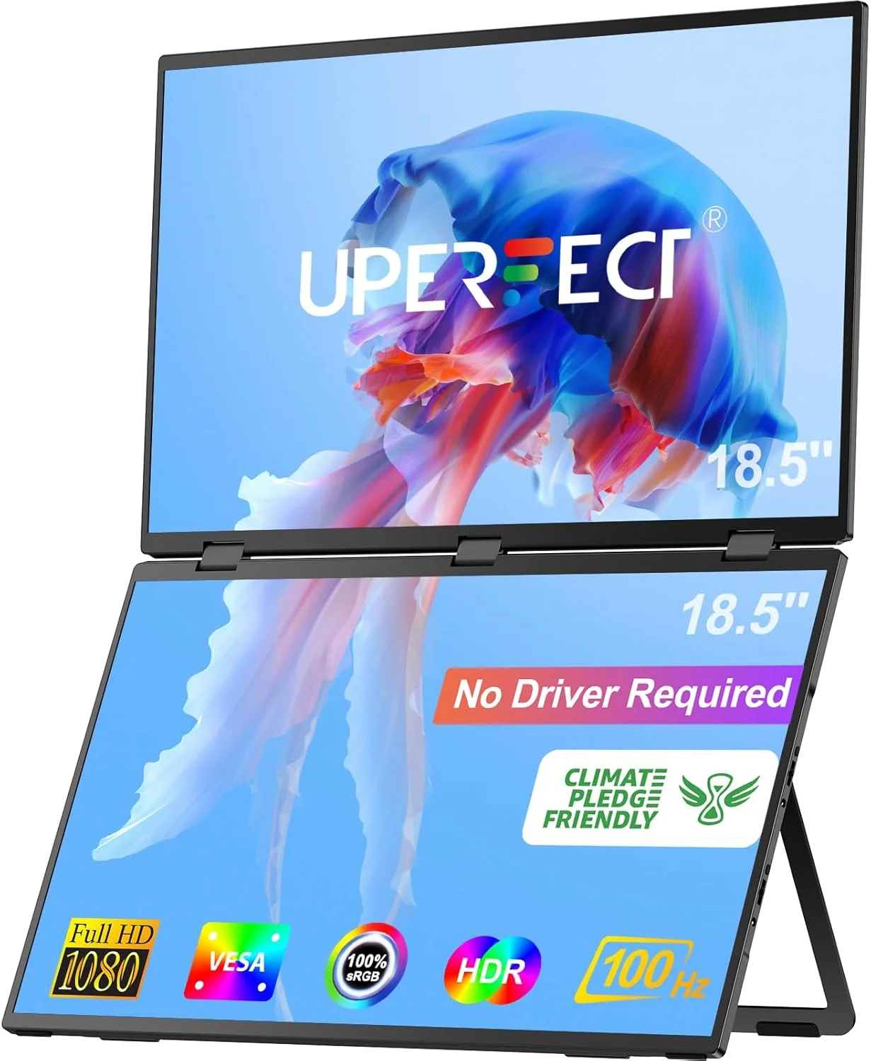 مانیتور دوگانه قابل حمل UPERFECT Delta 18.5 اینچی 100 هرتز برای توسعه دهنده صفحه نمایش لپ تاپ، مانیتور سه گانه تاشو 360 درجه HDR 1080P با پایه و VESA برای کنسول بازی تلفن PC لپ تاپ (بدون نیاز به درایور)