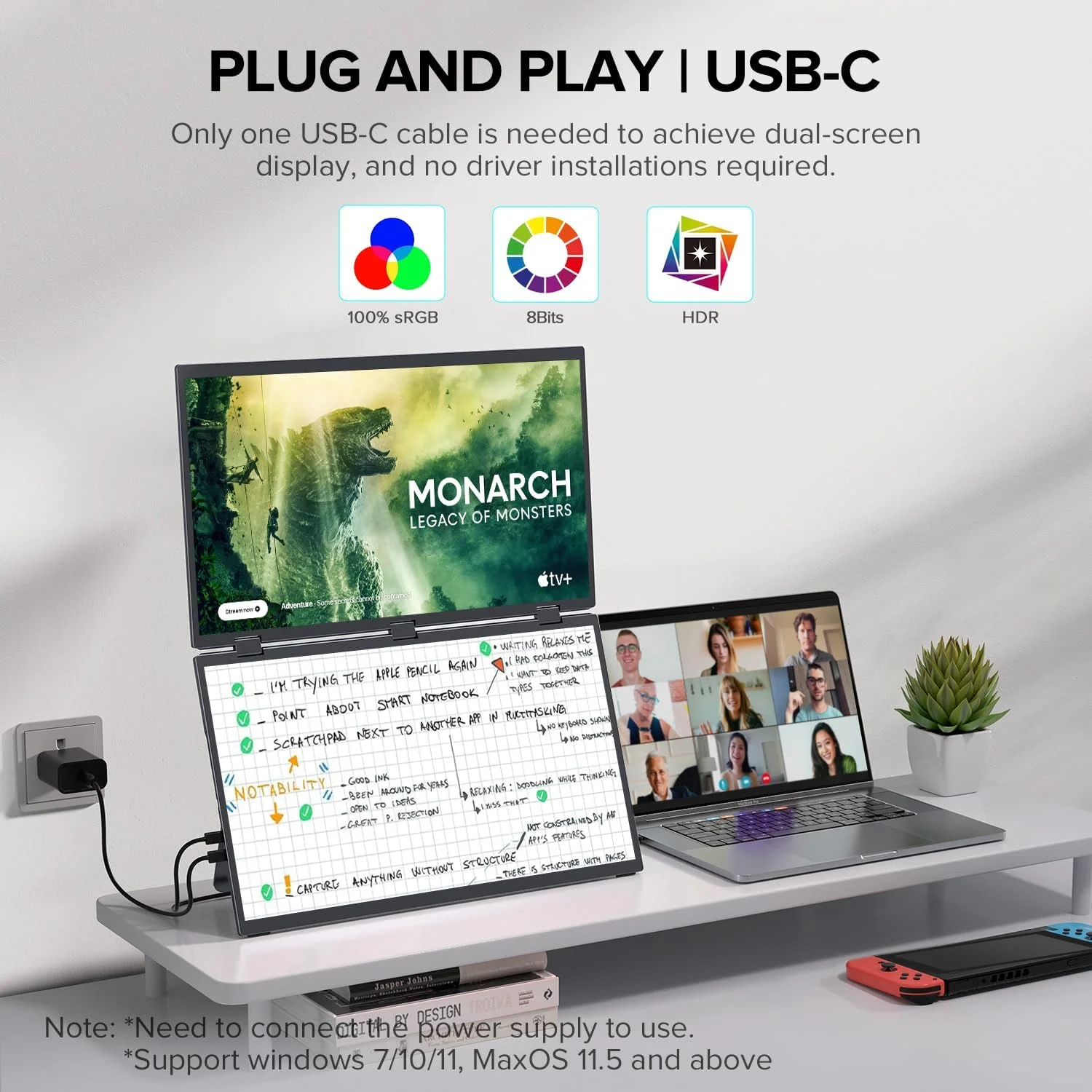 مانیتور دوگانه قابل حمل 15.6 اینچی UPERFECT Delta، توسعه دهنده صفحه نمایش لپ تاپ 1080P HDR تاشو 180 درجه، مانیتور سه گانه پشته ای با پایه و VESA برای لپ تاپ، کامپیوتر، تلفن، کنسول بازی (بدون نیاز به درایور)