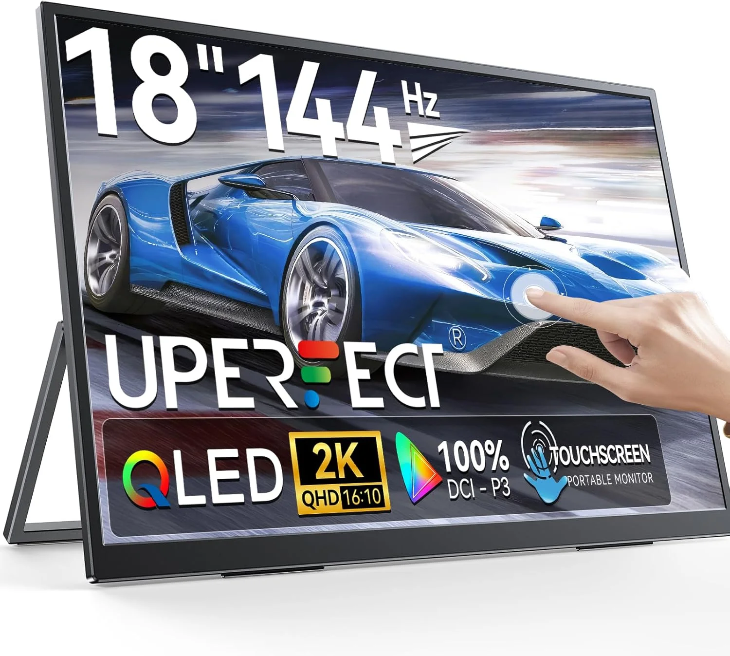 مانیتور لمسی قابل حمل 18 اینچی UPERFECT QLED، 2K 2560×1600 QHD 144Hz، 500 نیت، 100% DCI-P3، FreeSync HDR، نمایشگر باریک بدون حاشیه لپ تاپ با VESA و پایه قابل تنظیم 180 درجه، صفحه نمایش دوم برای تلفن PC