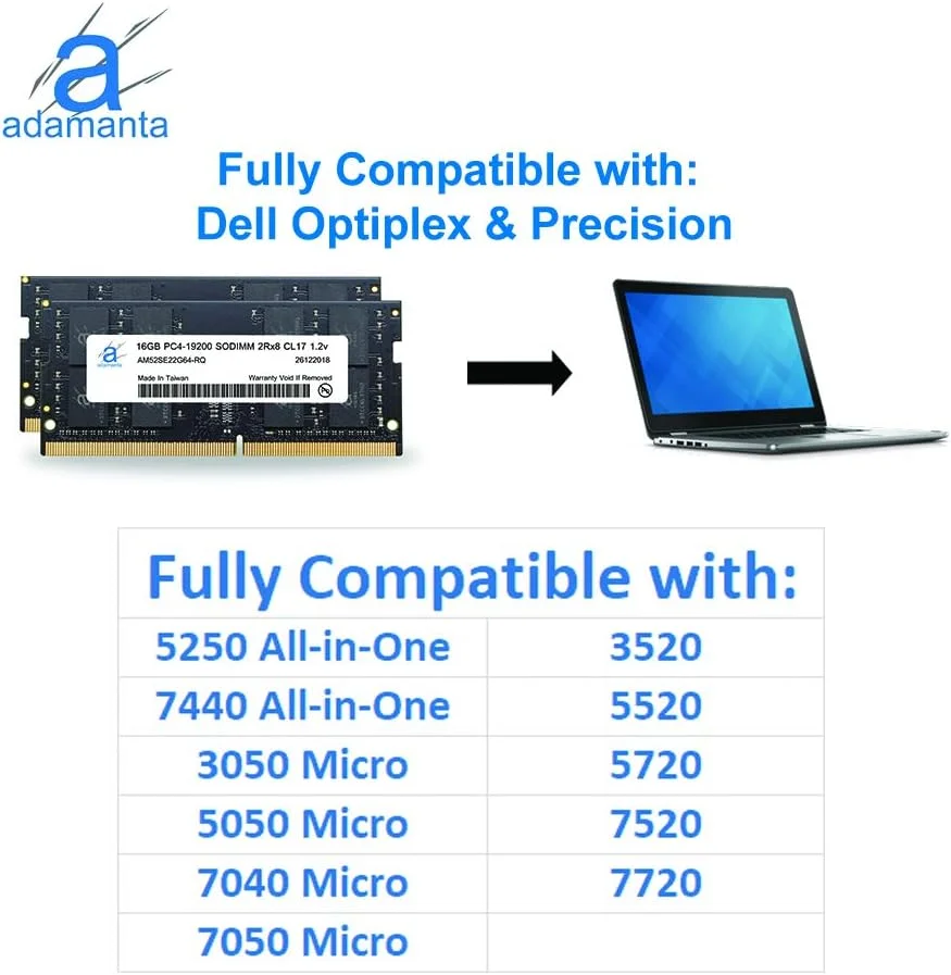 آدامانتا 32 گیگابایت (2x16 گیگابایت) ارتقاء حافظه لپ تاپ سازگار با Dell Alienware, Inspiron, Latitude, Optiplex, Precision, Vostro & XPS DDR4 2400Mhz PC4-19200 SODIMM 2Rx8 CL17 1.2v RAM DRAM آدامانتا 32 گیگابایت (2x16 گیگابایت) ارتقاء حافظه لپ تاپ سازگار با Dell Alienware, Inspiron, Latitude, Optiplex, Precision, Vostro & XPS DDR4 2400Mhz PC4-19200 SODIMM 2Rx8 CL17 1.2v RAM DRAM