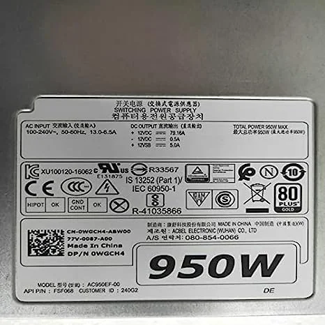منبع تغذیه 950 وات 80 PLUS GOLD سازگار با Dell Precision T5820 T7820 T5920 T7920 مدل AC950EF-00 H950EF-00 D950EF-00 WGCH4 CXV28