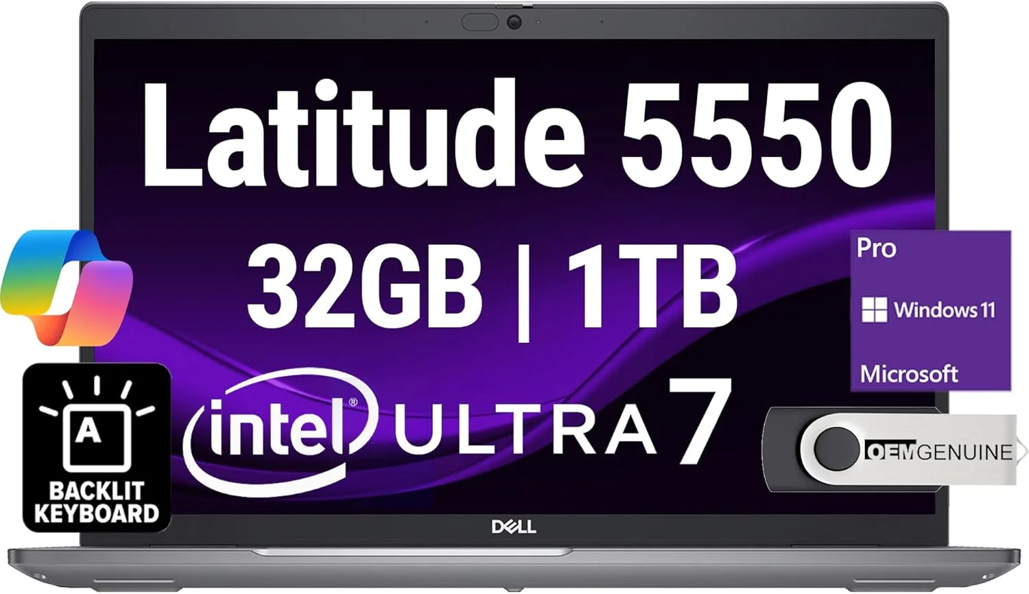لپ تاپ تجاری دل Latitude 5550، صفحه نمایش 15.6 اینچی FHD، پردازنده Intel Ultra 7-155U (بهتر از i7-1355U)، رم 32 گیگابایتی DDR5، حافظه 1 ترابایتی NVMe، Wi-Fi 6E، بلوتوث، کیبورد با نور پس زمینه، وب کم HD، RJ-45، ویندوز 11 پرو
