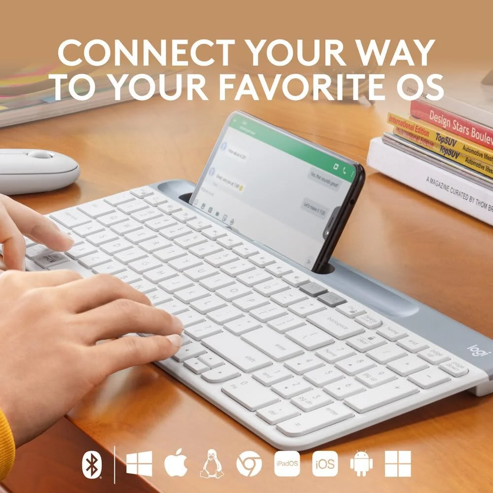 کیبورد بی‌سیم باریک چند دستگاهی Logitech K580 - بلوتوث/گیرنده، جمع و جور، سوییچ آسان، باتری 24 ماهه، سازگار با Win/Mac، دسکتاپ، تبلت، تلفن هوشمند، لپ‌تاپ، کیبورد انگلیسی + عربی - سفید