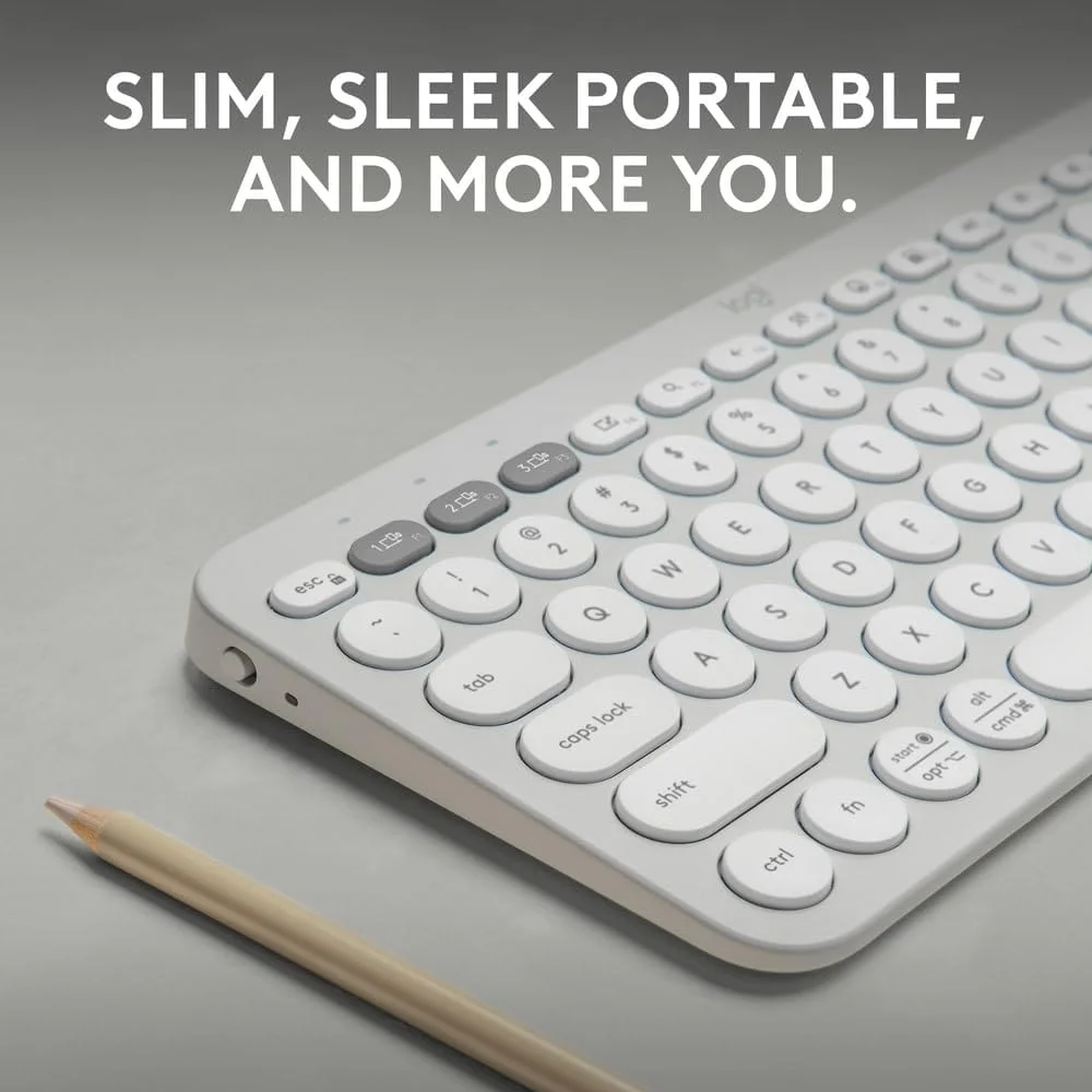 کیبورد بی‌سیم بلوتوثی چند دستگاهی لاجیتک Pebble Keys 2 K380s با کلیدهای میانبر قابل تنظیم، باریک و قابل حمل، Easy-Switch برای ویندوز، macOS، iPadOS، اندروید، Chrome OS، طرح‌بندی US Intl - سفید