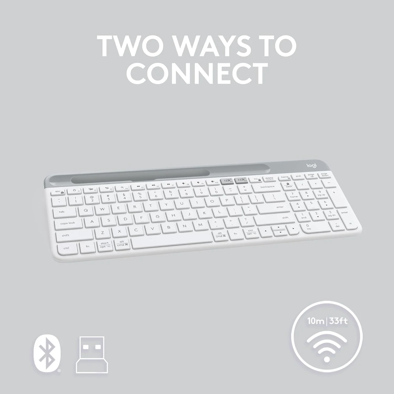 کیبورد بی‌سیم باریک چند دستگاهی Logitech K580 - بلوتوث/گیرنده، جمع و جور، سوییچ آسان، باتری 24 ماهه، سازگار با Win/Mac، دسکتاپ، تبلت، تلفن هوشمند، لپ‌تاپ، کیبورد انگلیسی + عربی - سفید