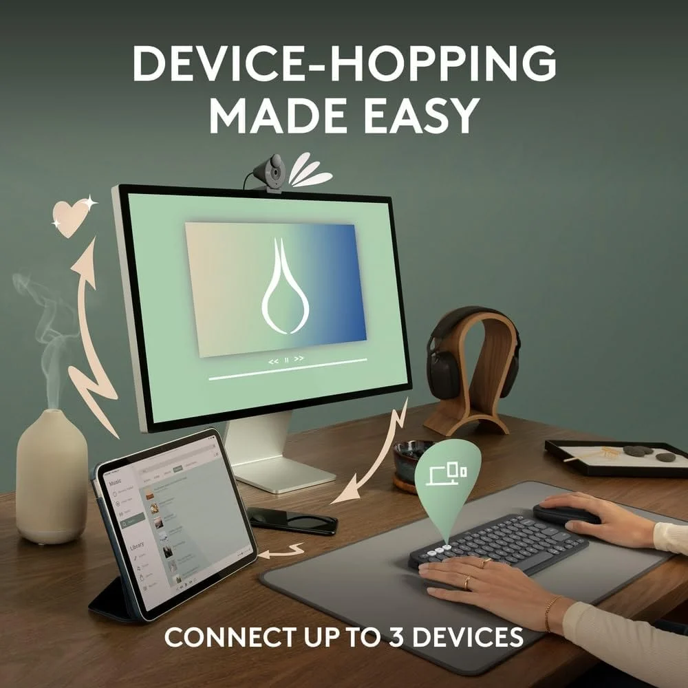 کیبورد بی‌سیم بلوتوثی چند دستگاهی لاجیتک Pebble Keys 2 K380s با کلیدهای میانبر قابل تنظیم، باریک و قابل حمل، Easy-Switch برای ویندوز، macOS، iPadOS، اندروید، Chrome OS، طرح‌بندی US Intl - سفید