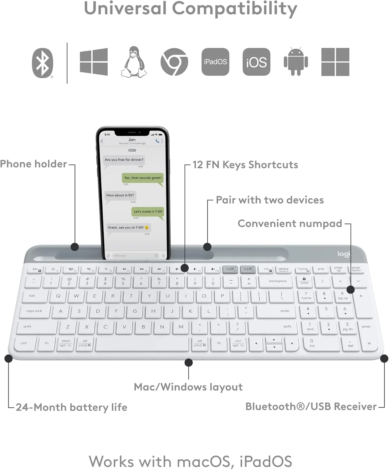 کیبورد بی‌سیم باریک چند دستگاهی Logitech K580 - بلوتوث/گیرنده، جمع و جور، سوییچ آسان، باتری 24 ماهه، سازگار با Win/Mac، دسکتاپ، تبلت، تلفن هوشمند، لپ‌تاپ، کیبورد انگلیسی + عربی - سفید