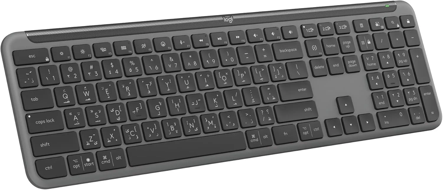 کیبورد بی‌سیم لاجیتک Signature Slim K950، طراحی شیک، جابجایی تایپ بین دستگاه‌ها، تایپ بی‌صدا، بلوتوث، چند سیستم عامل، ویندوز، مک، کروم، طرح‌بندی عربی - گرافیت