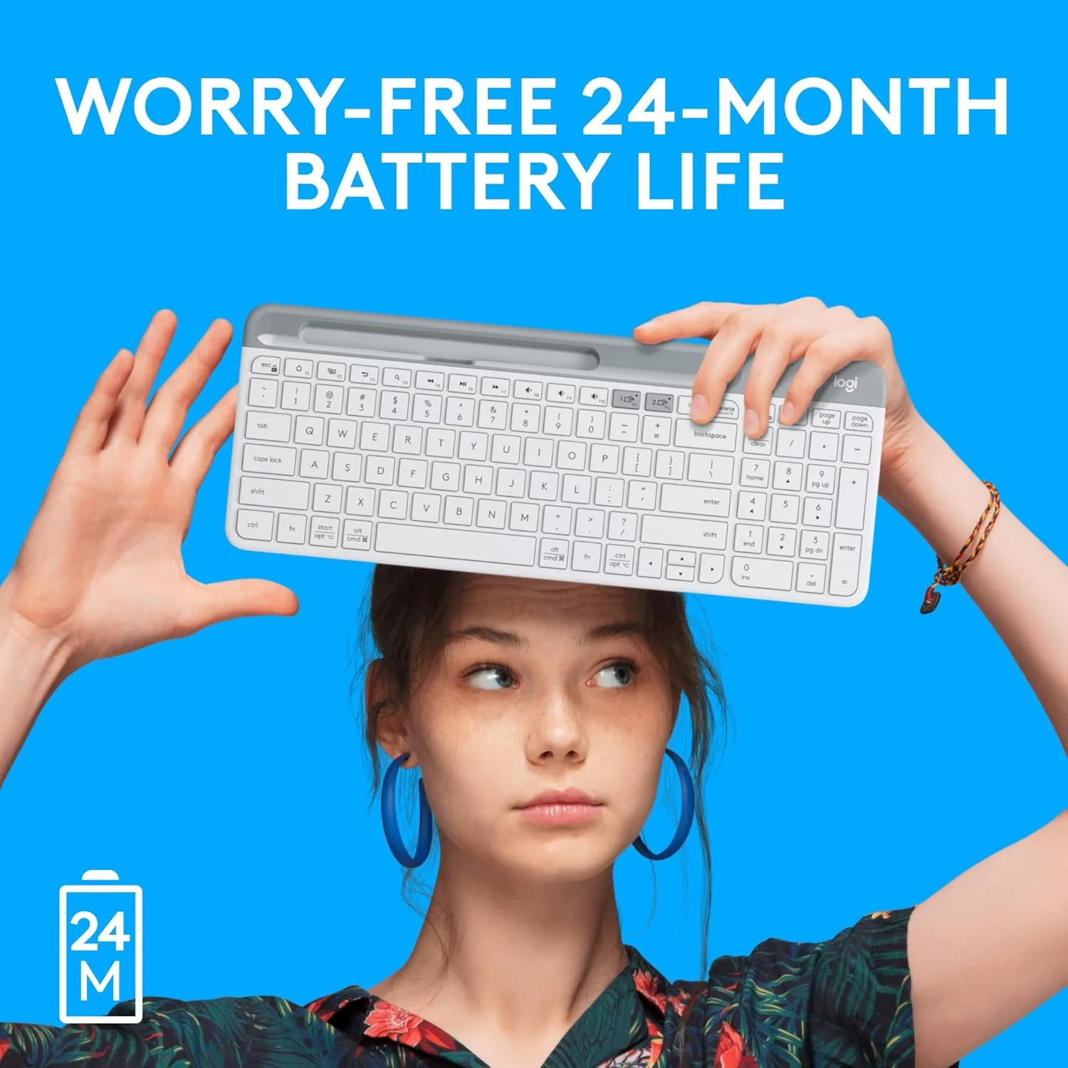 کیبورد بی‌سیم باریک چند دستگاهی Logitech K580 - بلوتوث/گیرنده، جمع و جور، سوییچ آسان، باتری 24 ماهه، سازگار با Win/Mac، دسکتاپ، تبلت، تلفن هوشمند، لپ‌تاپ، کیبورد انگلیسی + عربی - سفید