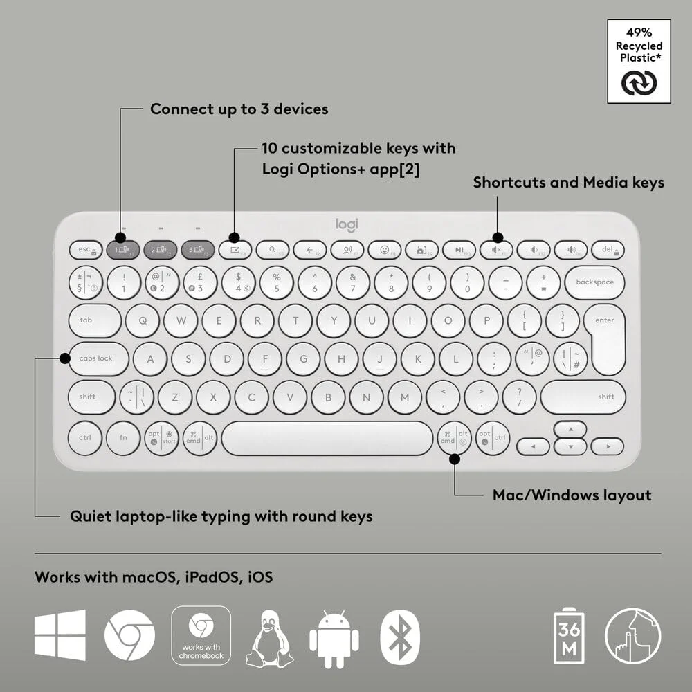 کیبورد بی‌سیم بلوتوثی چند دستگاهی لاجیتک Pebble Keys 2 K380s با کلیدهای میانبر قابل تنظیم، باریک و قابل حمل، Easy-Switch برای ویندوز، macOS، iPadOS، اندروید، Chrome OS، طرح‌بندی US Intl - سفید