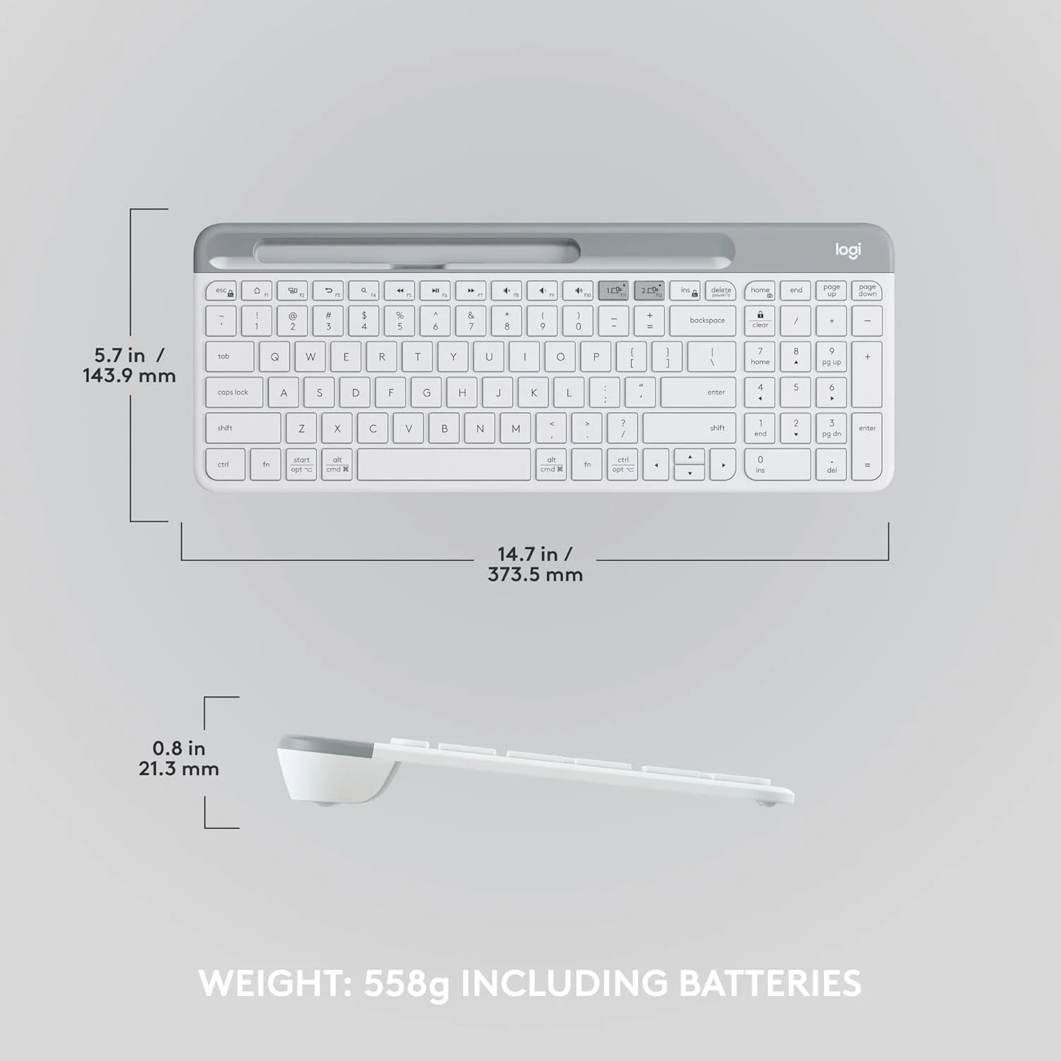 کیبورد بی‌سیم باریک چند دستگاهی Logitech K580 - بلوتوث/گیرنده، جمع و جور، سوییچ آسان، باتری 24 ماهه، سازگار با Win/Mac، دسکتاپ، تبلت، تلفن هوشمند، لپ‌تاپ، کیبورد انگلیسی + عربی - سفید