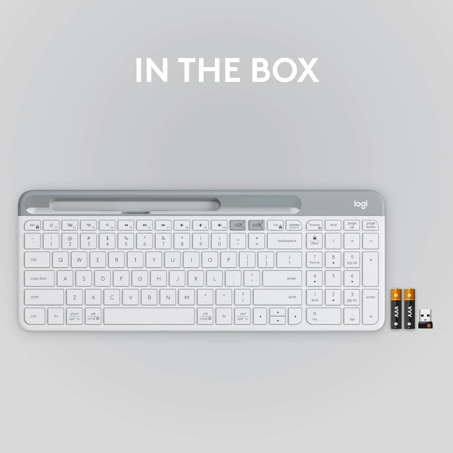 کیبورد بی‌سیم باریک چند دستگاهی Logitech K580 - بلوتوث/گیرنده، جمع و جور، سوییچ آسان، باتری 24 ماهه، سازگار با Win/Mac، دسکتاپ، تبلت، تلفن هوشمند، لپ‌تاپ، کیبورد انگلیسی + عربی - سفید