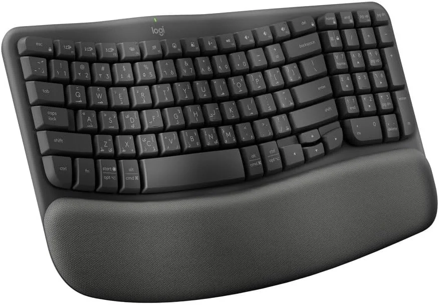 کیبورد ارگونومیک بی‌سیم Logitech Wave Keys با تکیه‌گاه مچی نرم، تایپ طبیعی راحت، Easy-Switch، بلوتوث، گیرنده Logi Bolt، برای سیستم‌عامل‌های مختلف، ویندوز/مک، طرح‌بندی AR - گرافیت (PC)