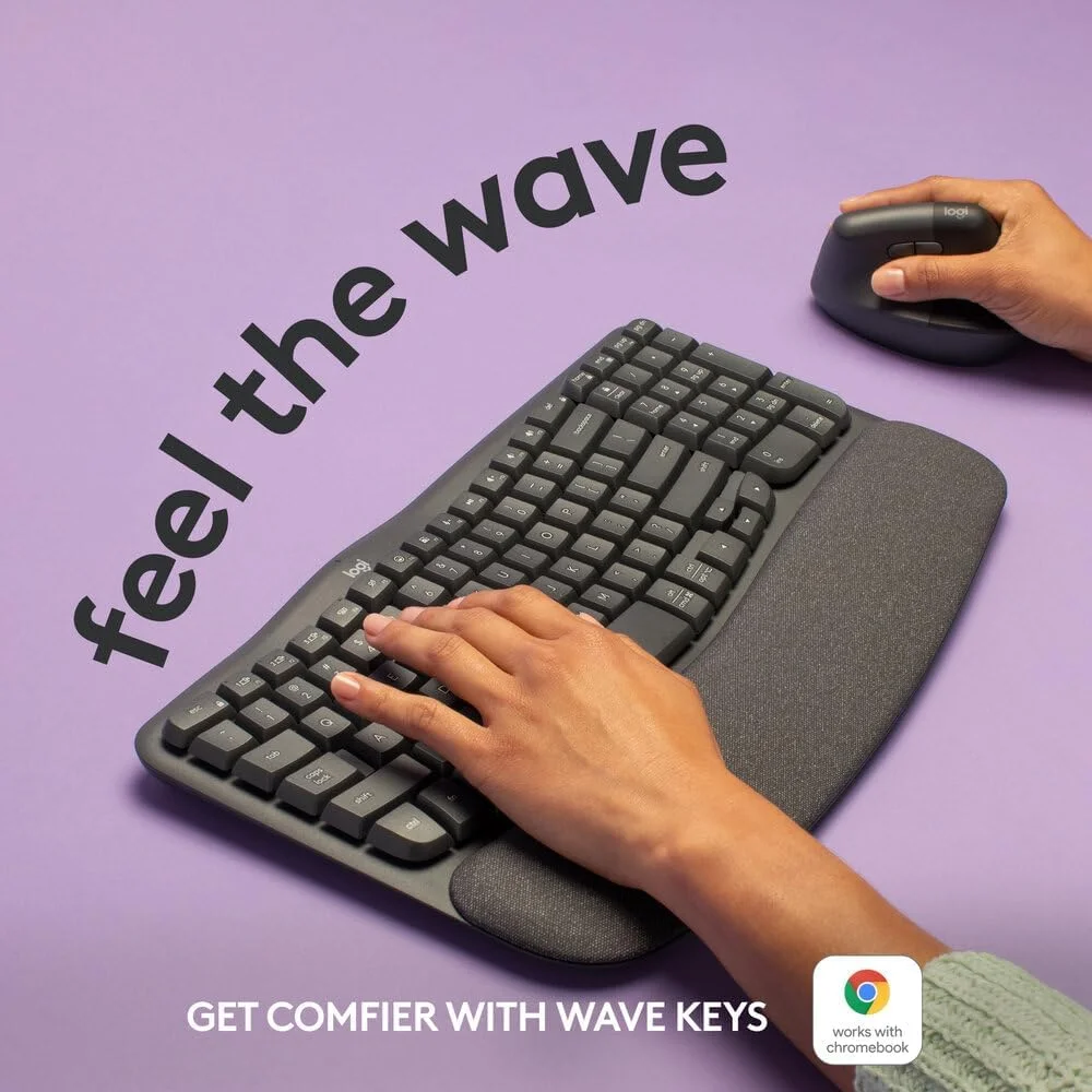 کیبورد ارگونومیک بی‌سیم Logitech Wave Keys با تکیه‌گاه مچی نرم، تایپ طبیعی راحت، Easy-Switch، بلوتوث، گیرنده Logi Bolt، برای سیستم‌عامل‌های مختلف، ویندوز/مک، طرح‌بندی AR - گرافیت (PC)