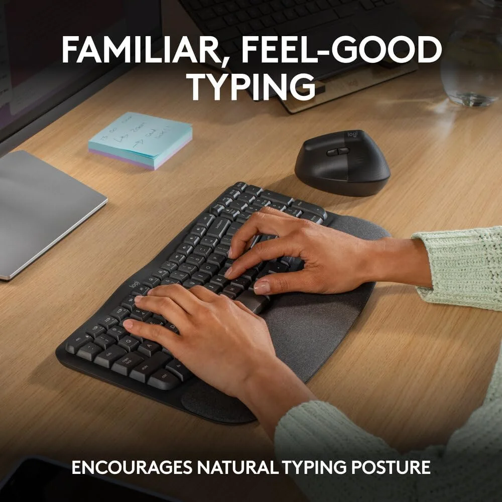 کیبورد ارگونومیک بی‌سیم Logitech Wave Keys با تکیه‌گاه مچی نرم، تایپ طبیعی راحت، Easy-Switch، بلوتوث، گیرنده Logi Bolt، برای سیستم‌عامل‌های مختلف، ویندوز/مک، طرح‌بندی AR - گرافیت (PC)