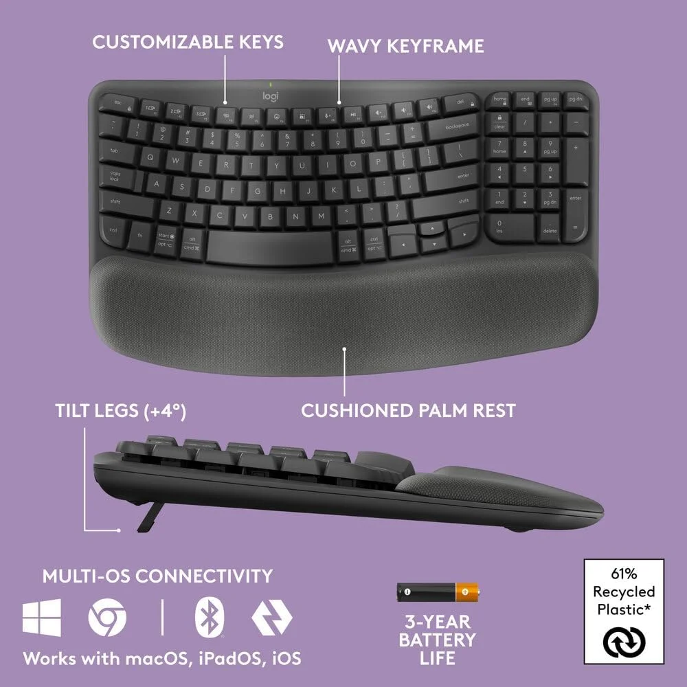 کیبورد ارگونومیک بی‌سیم Logitech Wave Keys با تکیه‌گاه مچی نرم، تایپ طبیعی راحت، Easy-Switch، بلوتوث، گیرنده Logi Bolt، برای سیستم‌عامل‌های مختلف، ویندوز/مک، طرح‌بندی AR - گرافیت (PC)