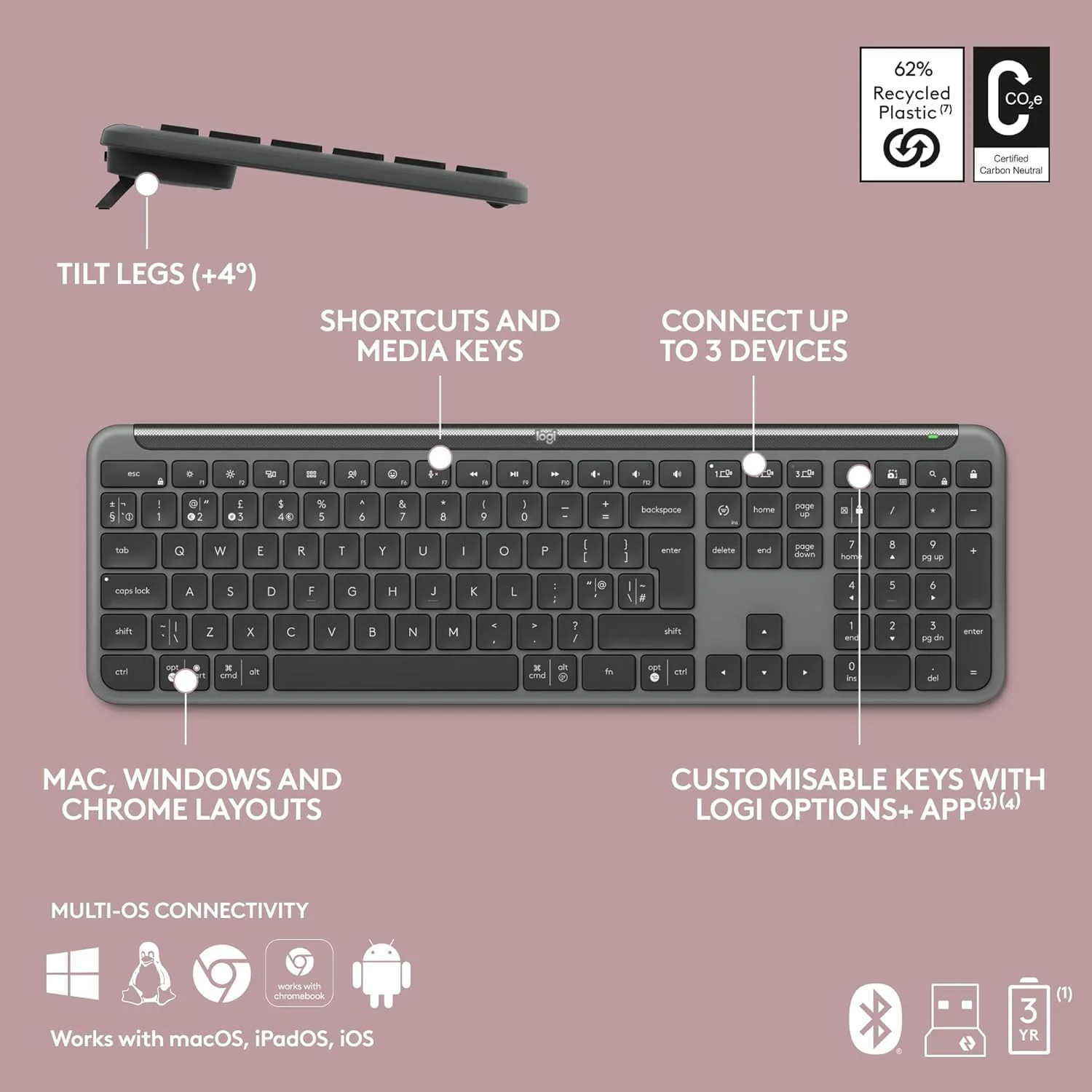 کیبورد بی‌سیم لاجیتک Signature Slim K950، طراحی شیک، جابجایی تایپ بین دستگاه‌ها، تایپ بی‌صدا، بلوتوث، چند سیستم عامل، ویندوز، مک، کروم، طرح‌بندی عربی - گرافیت