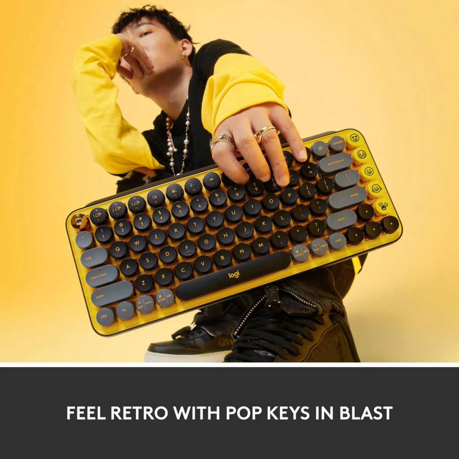 کیبورد مکانیکی بی سیم Logitech POP Keys با کلیدهای ایموجی قابل تنظیم، طراحی بادوام و جمع و جور، اتصال بلوتوث یا USB، چند دستگاهی، سازگار با سیستم عامل، زرد، صفحه کلید ARA