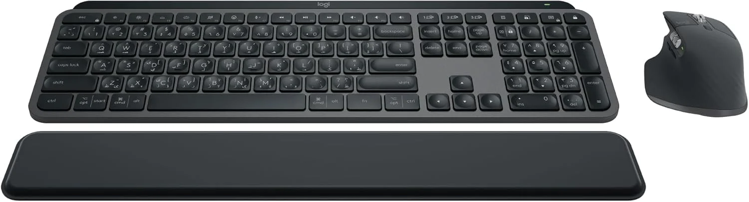 مجموعه کیبورد و ماوس بی‌سیم لاجیتک MX Keys S - کیبورد و ماوس بی‌سیم با عملکرد بالا به همراه استراحتگاه مچ دست، نورپردازی قابل تنظیم، پیمایش سریع، بلوتوث، USB C، برای ویندوز، لینوکس، کروم، مک - گرافیت، طرح‌بندی ARA