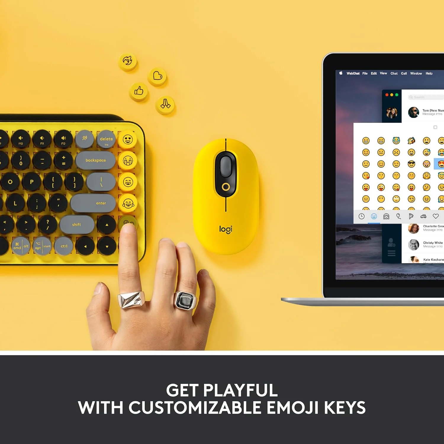 کیبورد مکانیکی بی سیم Logitech POP Keys با کلیدهای ایموجی قابل تنظیم، طراحی بادوام و جمع و جور، اتصال بلوتوث یا USB، چند دستگاهی، سازگار با سیستم عامل، زرد، صفحه کلید ARA