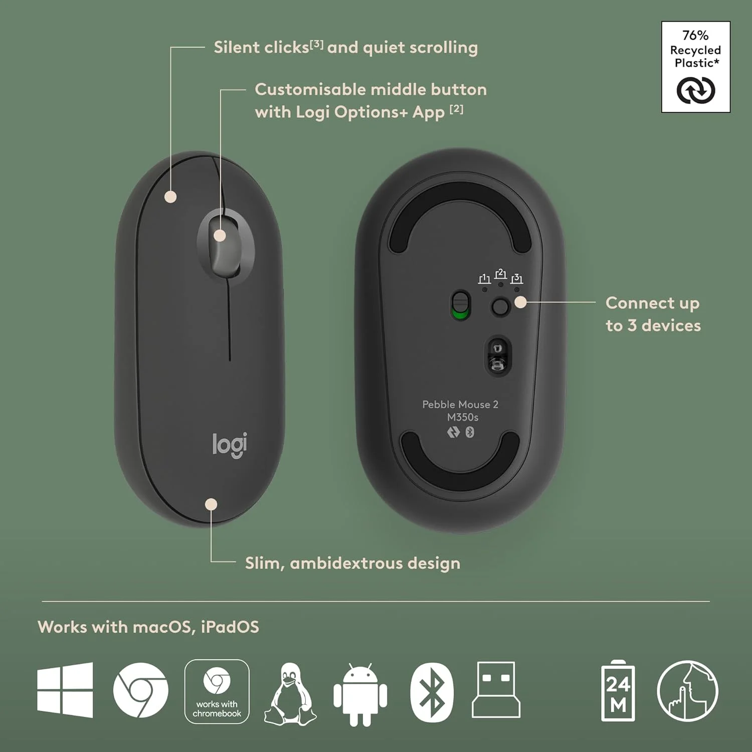 ست کیبورد و ماوس بیسیم لاجیتک Pebble 2، بیصدا و قابل حمل، قابل تنظیم، Logi Bolt، بلوتوث، Easy-Switch برای ویندوز، macOS، iPadOS، Chrome، طرحبندی ARA - گرافیت ست کیبورد و ماوس بیسیم لاجیتک Pebble 2، بیصدا و قابل حمل، قابل تنظیم، Logi Bolt، بلوتوث، Easy-Switch برای ویندوز، macOS، iPadOS، Chrome، طرحبندی ARA - گرافیت