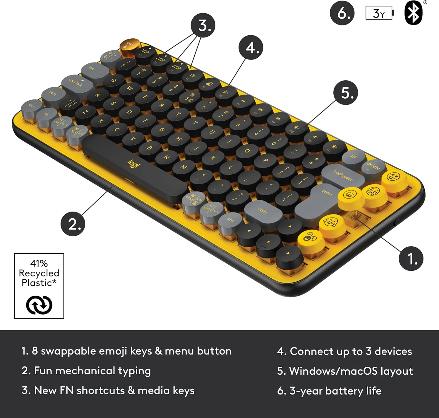کیبورد مکانیکی بی سیم Logitech POP Keys با کلیدهای ایموجی قابل تنظیم، طراحی بادوام و جمع و جور، اتصال بلوتوث یا USB، چند دستگاهی، سازگار با سیستم عامل، زرد، صفحه کلید ARA