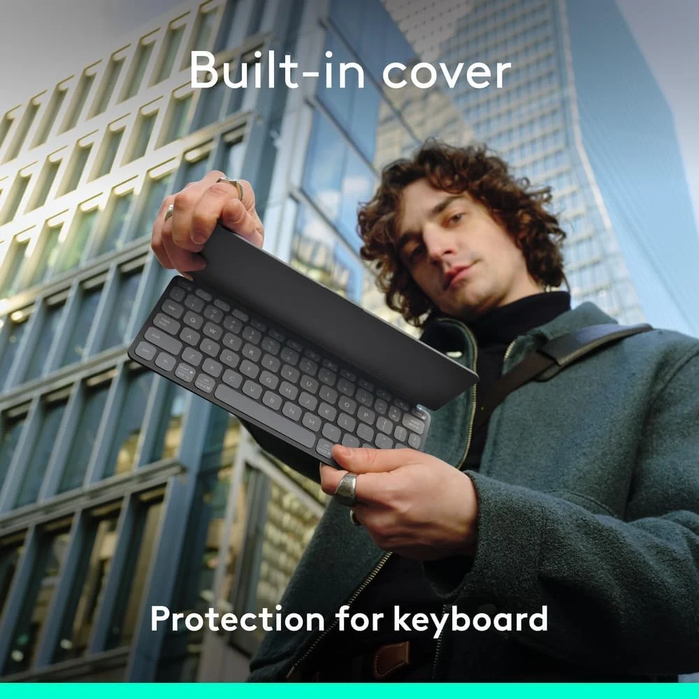 کیبورد بلوتوث قابل حمل Logitech Keys-To-Go 2 برای تبلت با پوشش داخلی، کیبورد بی‌سیم باریک و جمع و جور برای ویندوز، اندروید، لینوکس، آیپد، آیفون، مک، اپل تی‌وی، ARA - گرافیت