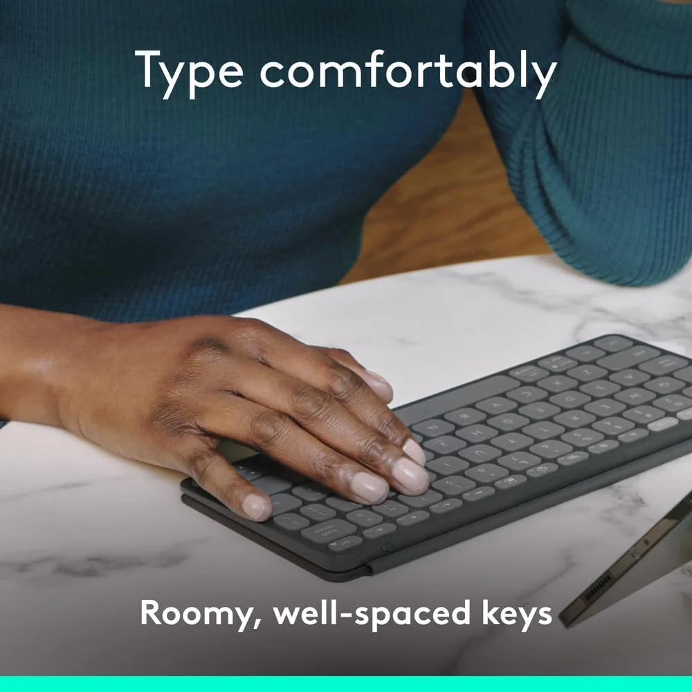 کیبورد بلوتوث قابل حمل Logitech Keys-To-Go 2 برای تبلت با پوشش داخلی، کیبورد بی‌سیم باریک و جمع و جور برای ویندوز، اندروید، لینوکس، آیپد، آیفون، مک، اپل تی‌وی، ARA - گرافیت