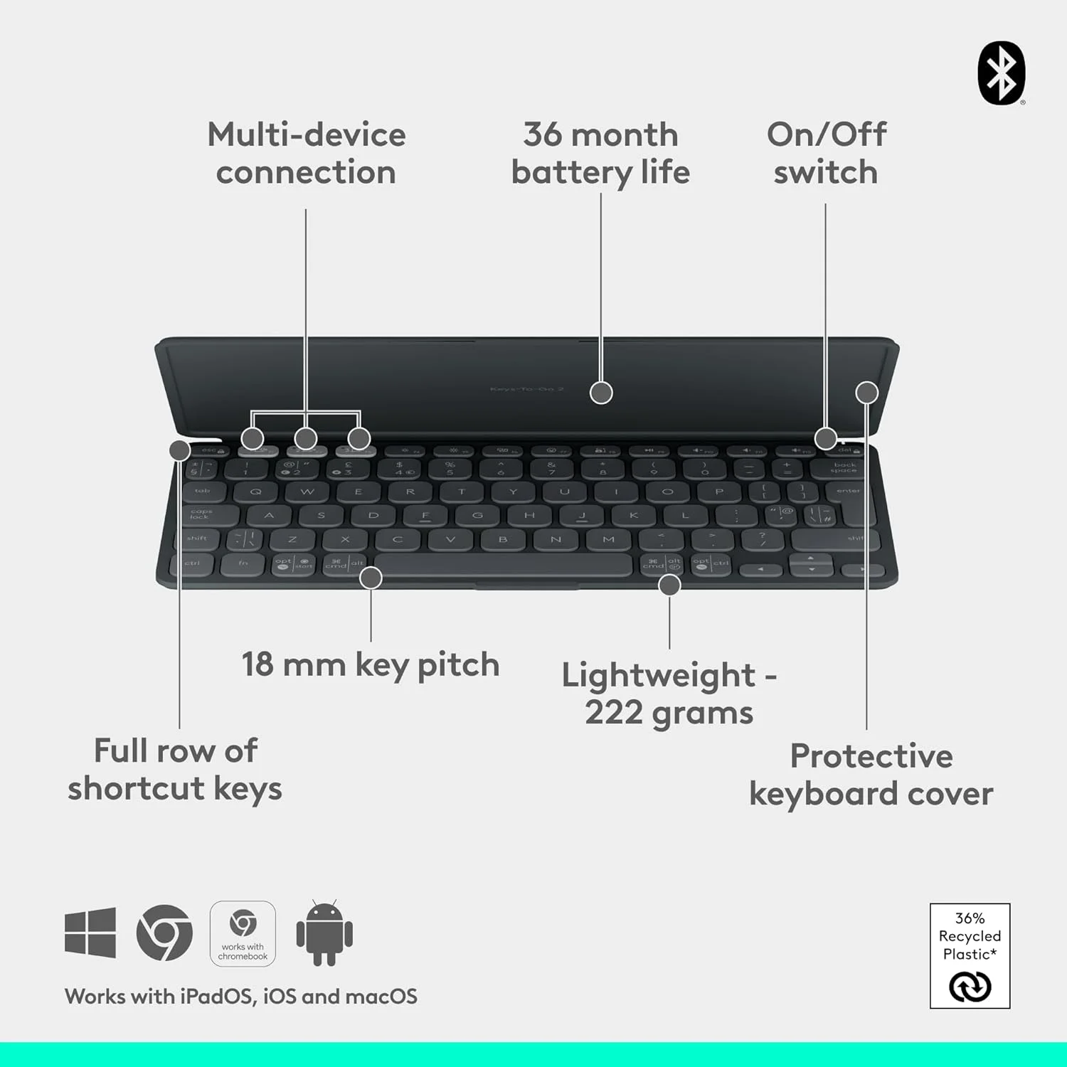 کیبورد بلوتوث قابل حمل Logitech Keys-To-Go 2 برای تبلت با پوشش داخلی، کیبورد بی‌سیم باریک و جمع و جور برای ویندوز، اندروید، لینوکس، آیپد، آیفون، مک، اپل تی‌وی، ARA - گرافیت
