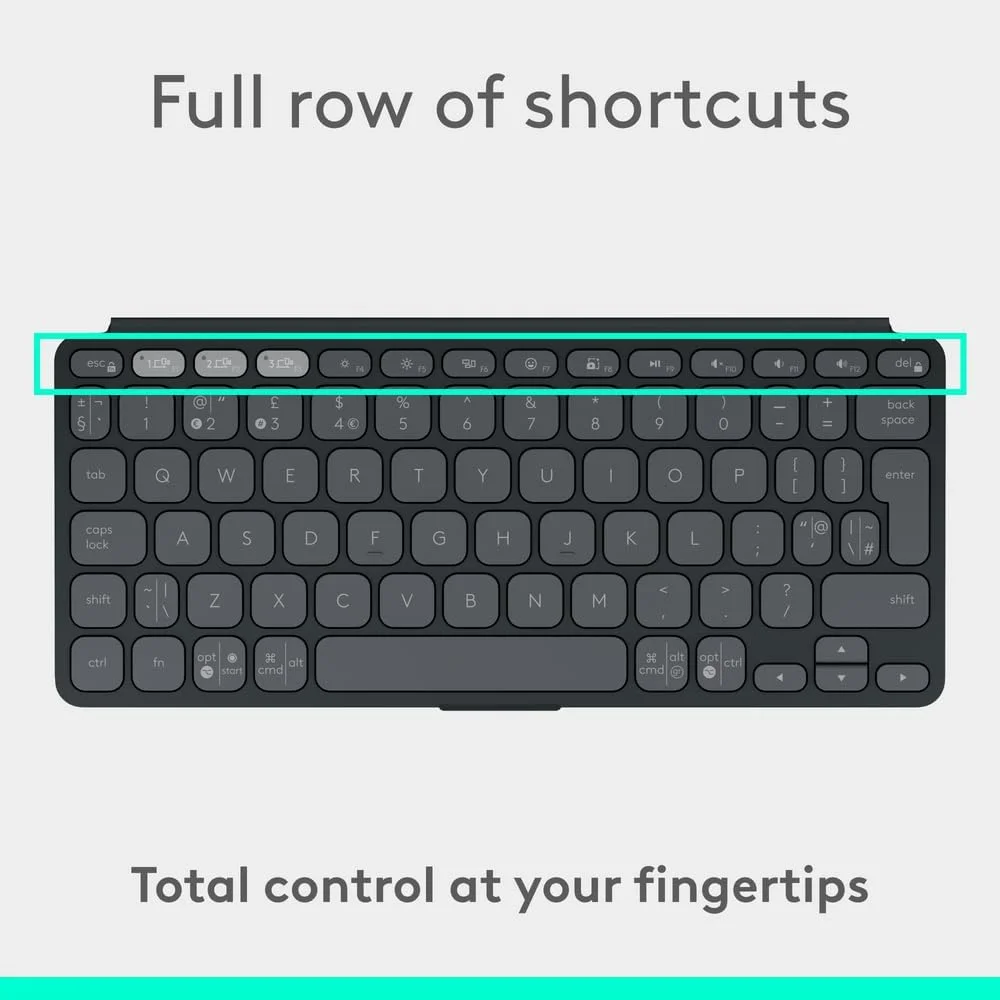کیبورد بلوتوث قابل حمل Logitech Keys-To-Go 2 برای تبلت با پوشش داخلی، کیبورد بی‌سیم باریک و جمع و جور برای ویندوز، اندروید، لینوکس، آیپد، آیفون، مک، اپل تی‌وی، ARA - گرافیت