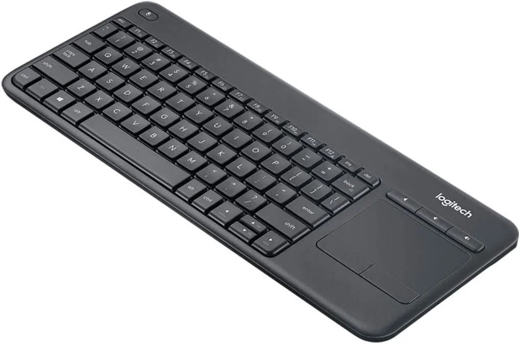 کیبورد لمسی بی سیم تلویزیون Logitech K400 Plus با کنترل آسان رسانه و تاچ پد داخلی، کیبورد HTPC برای تلویزیون متصل به کامپیوتر، ویندوز، اندروید، Chrome OS، لپ تاپ، تبلت، طرح بندی US INT'L - مشکی