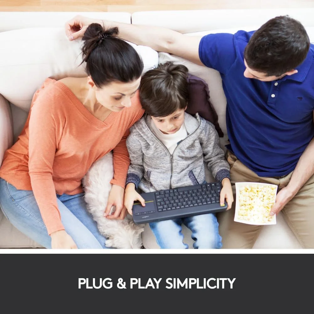 کیبورد لمسی بی سیم تلویزیون Logitech K400 Plus با کنترل آسان رسانه و تاچ پد داخلی، کیبورد HTPC برای تلویزیون متصل به کامپیوتر، ویندوز، اندروید، Chrome OS، لپ تاپ، تبلت، طرح بندی US INT'L - مشکی