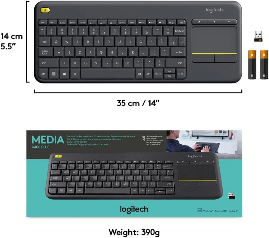 کیبورد لمسی بی سیم تلویزیون Logitech K400 Plus با کنترل آسان رسانه و تاچ پد داخلی، کیبورد HTPC برای تلویزیون متصل به کامپیوتر، ویندوز، اندروید، Chrome OS، لپ تاپ، تبلت، طرح بندی US INT'L - مشکی