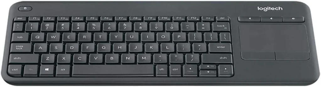کیبورد لمسی بی سیم تلویزیون Logitech K400 Plus با کنترل آسان رسانه و تاچ پد داخلی، کیبورد HTPC برای تلویزیون متصل به کامپیوتر، ویندوز، اندروید، Chrome OS، لپ تاپ، تبلت، طرح بندی US INT'L - مشکی