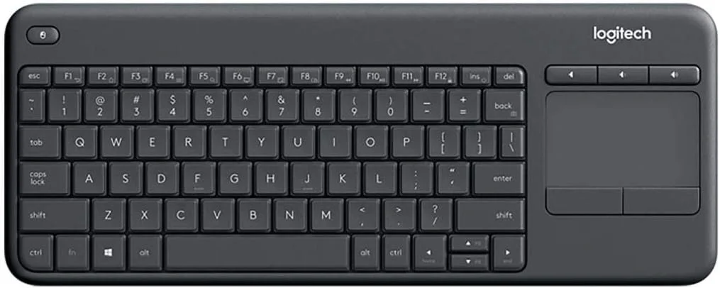 کیبورد لمسی بی سیم تلویزیون Logitech K400 Plus با کنترل آسان رسانه و تاچ پد داخلی، کیبورد HTPC برای تلویزیون متصل به کامپیوتر، ویندوز، اندروید، Chrome OS، لپ تاپ، تبلت، طرح بندی US INT'L - مشکی