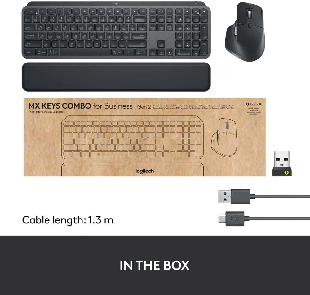 ست کیبورد و ماوس بیسیم لاجیتک MX Keys Combo for Business | Gen 2، کیبورد سایز کامل و ماوس بیسیم، با استراحتگاه مچ دست کیبورد، بلوتوث، Logi Bolt، کلیکهای بیصدا، سازگار با Windows/Mac/Chrome/Linux - Graphite ست کیبورد و ماوس بیسیم لاجیتک MX Keys Combo for Business | Gen 2، کیبورد سایز کامل و ماوس بیسیم، با استراحتگاه مچ دست کیبورد، بلوتوث، Logi Bolt، کلیکهای بیصدا، سازگار با Windows/Mac/Chrome/Linux - Graphite