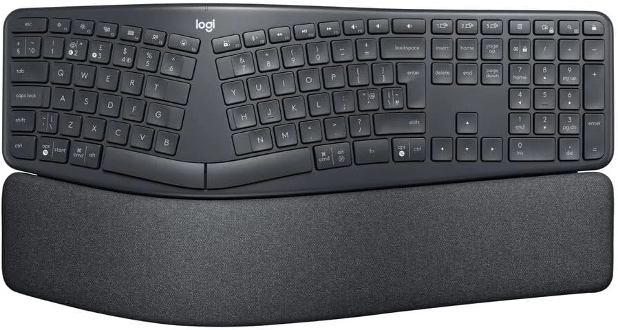 کیبورد ارگونومیک بی سیم Logitech ERGO K860 - صفحه کلید تقسیم شده، استراحت مچ دست، تایپ طبیعی، پارچه مقاوم در برابر لکه، Windows/Mac، بلوتوث + USB، Windows/Mac، طرح بندی QWERTY انگلیسی بریتانیایی - خاکستری