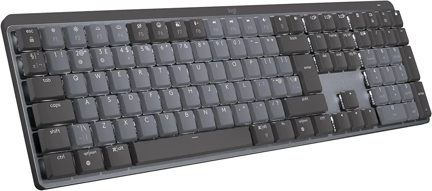 کیبورد مکانیکی بی سیم نورانی Logitech MX Mechanical، سوییچ‌های لمسی بی‌صدا، کلیدهای دارای نور پس‌زمینه، بلوتوث، USB-C، macOS، Windows، Linux، iOS، Android، فلزی - Graphite