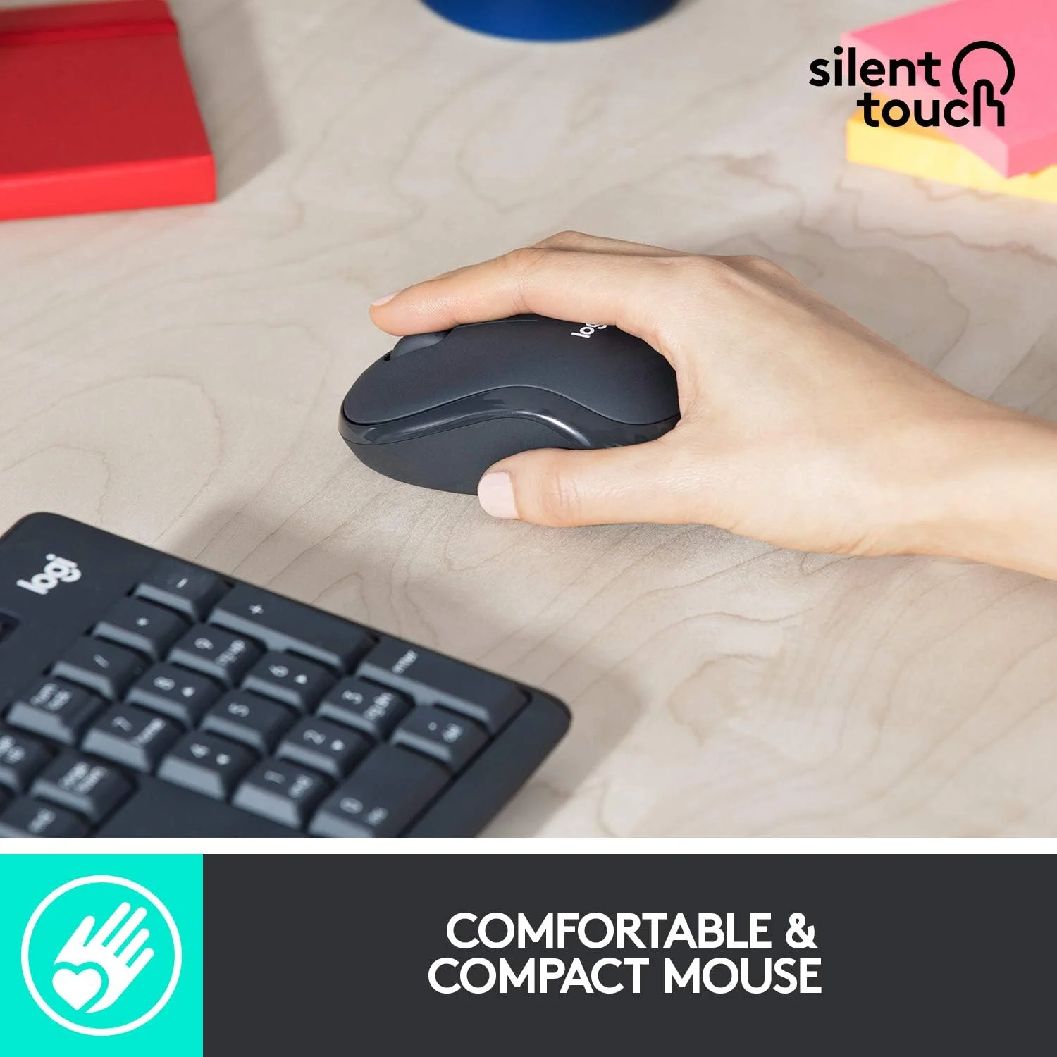 مجموعه ماوس و کیبورد بی‌سیم بی‌صدای لاجیتک MK295 با فناوری SilentTouch، صفحه کلید کامل، ردیابی نوری پیشرفته، بی‌سیم بدون تاخیر، 90% نویز کمتر، طرح‌بندی QWERTY انگلیسی بریتانیایی - مشکی