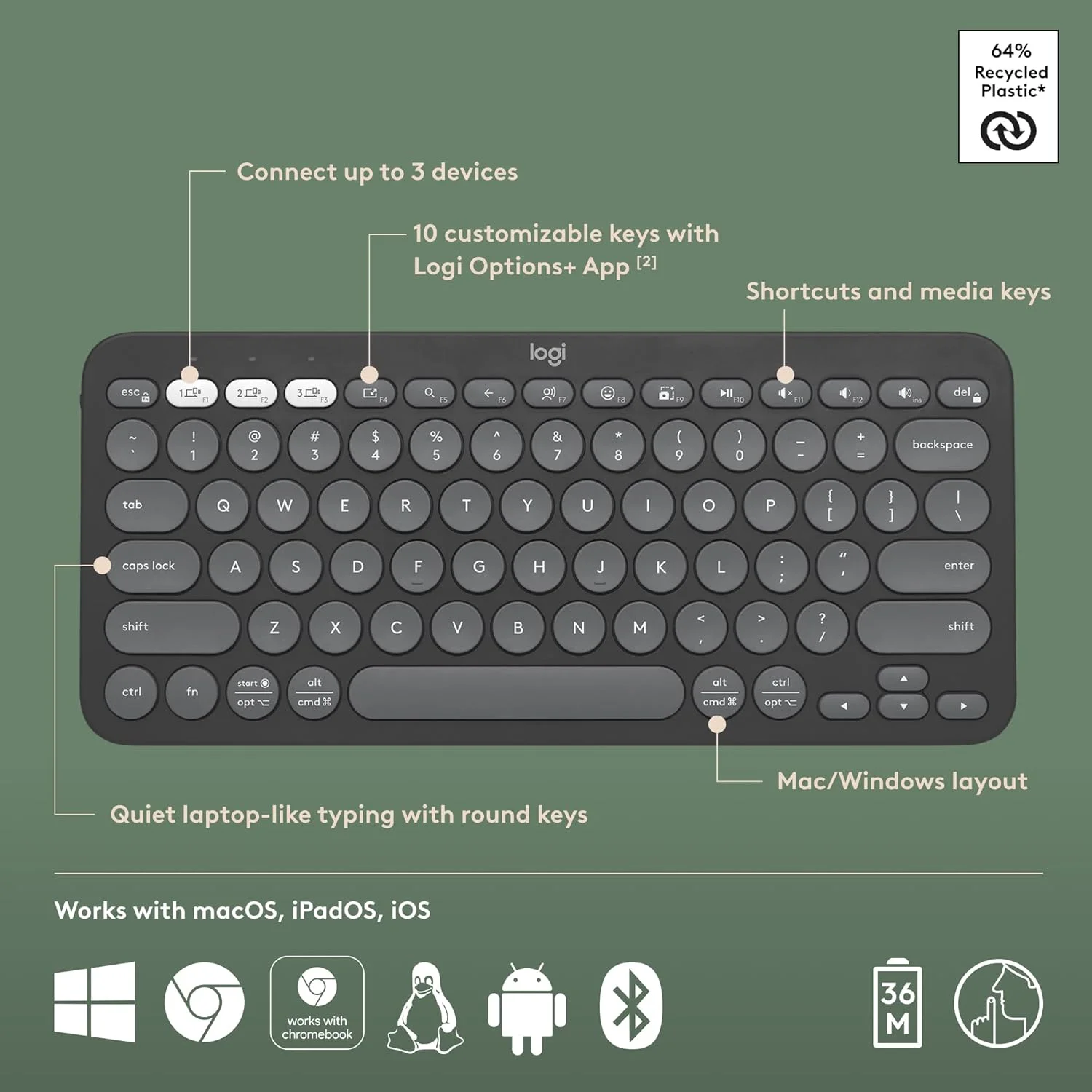 کیبورد بیسیم بلوتوثی چند دستگاهی لاجیتک Pebble Keys 2 K380s با کلیدهای میانبر قابل تنظیم، باریک و قابل حمل، Easy-Switch برای ویندوز، macOS، iPadOS، اندروید، Chrome OS - گرافیت تیره کیبورد بیسیم بلوتوثی چند دستگاهی لاجیتک Pebble Keys 2 K380s با کلیدهای میانبر قابل تنظیم، باریک و قابل حمل، Easy-Switch برای ویندوز، macOS، iPadOS، اندروید، Chrome OS - گرافیت تیره