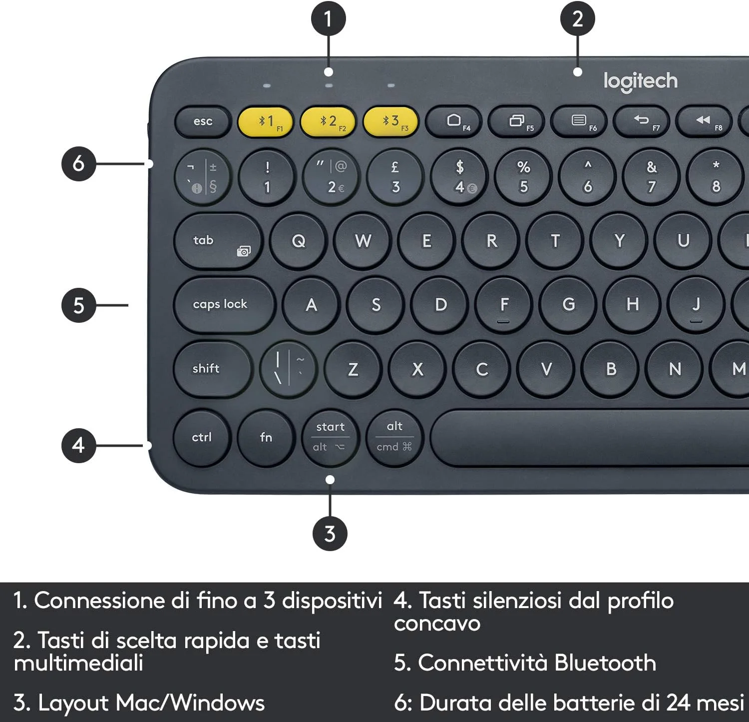 کیبورد بی سیم چند دستگاهی لاجیتک K380، طرح بندی ایتالیایی QWERTY - مشکی