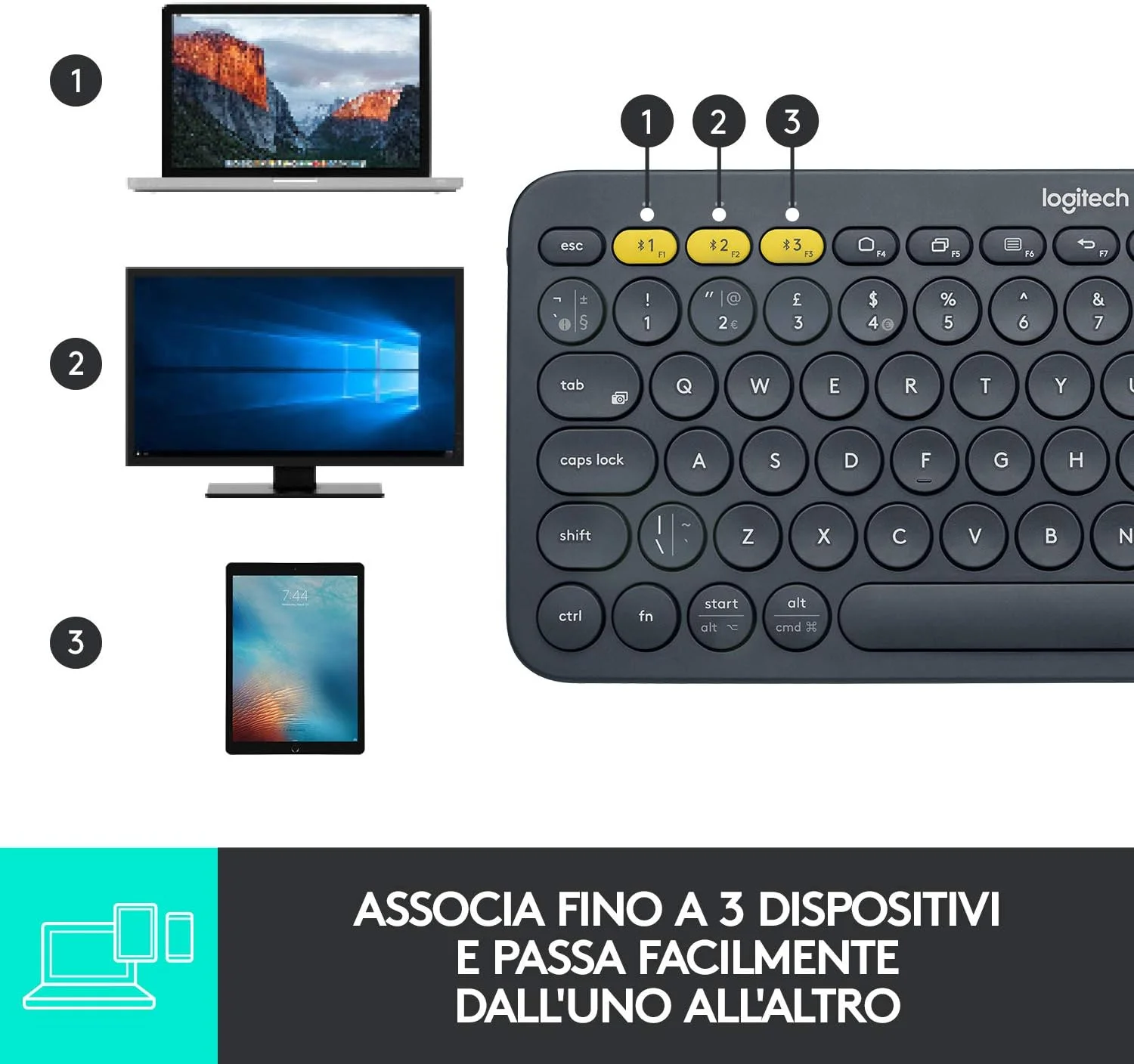 کیبورد بی سیم چند دستگاهی لاجیتک K380، طرح بندی ایتالیایی QWERTY - مشکی