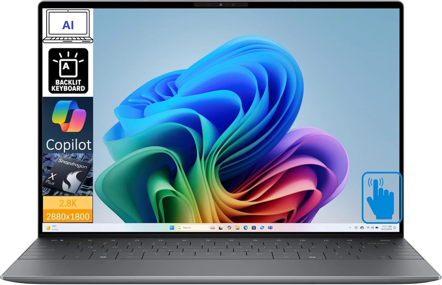 لپ تاپ Dell XPS 13 Copilot+ AI PC با صفحه نمایش 13.4 اینچی (Qualcomm Snapdragon X Elite X1E-80-100، 16 گیگابایت LPDDR5X، 512 گیگابایت PCIe SSD، Qualcomm Adreno، کیبورد با نور پس زمینه، حسگر اثر انگشت، WiFi 7، Win 11 Pro)