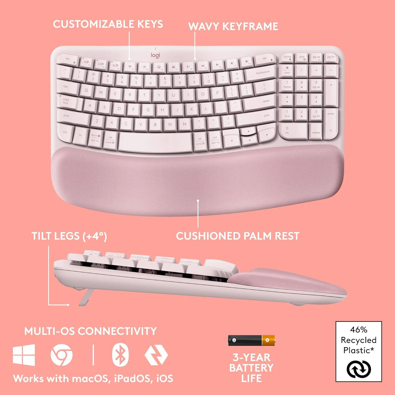 کیبورد ارگونومیک بیسیم لاجیتک Wave Keys با تکیهگاه مچی نرم، تایپ طبیعی راحت، Easy-Switch، بلوتوث، گیرنده Logi Bolt، برای سیستمعاملهای مختلف، ویندوز/مک - رز کیبورد ارگونومیک بیسیم لاجیتک Wave Keys با تکیهگاه مچی نرم، تایپ طبیعی راحت، Easy-Switch، بلوتوث، گیرنده Logi Bolt، برای سیستمعاملهای مختلف، ویندوز/مک - رز