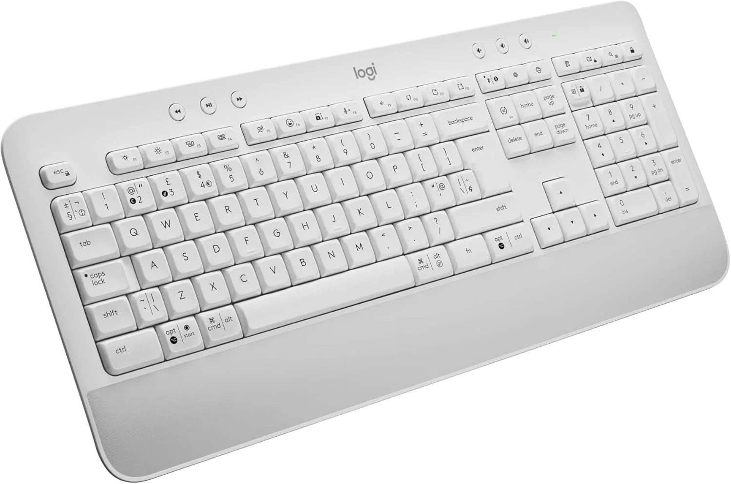 کیبورد بی سیم لاجیتک Signature K650 با استراحتگاه مچ دست، اندازه کامل، بلوتوث BLE یا گیرنده USB Logi Bolt، کلیدهای راحت با بالشتک عمیق، سازگار با اکثر سیستم عامل ها/PC/Windows/Mac - سفید - طرح بندی AR