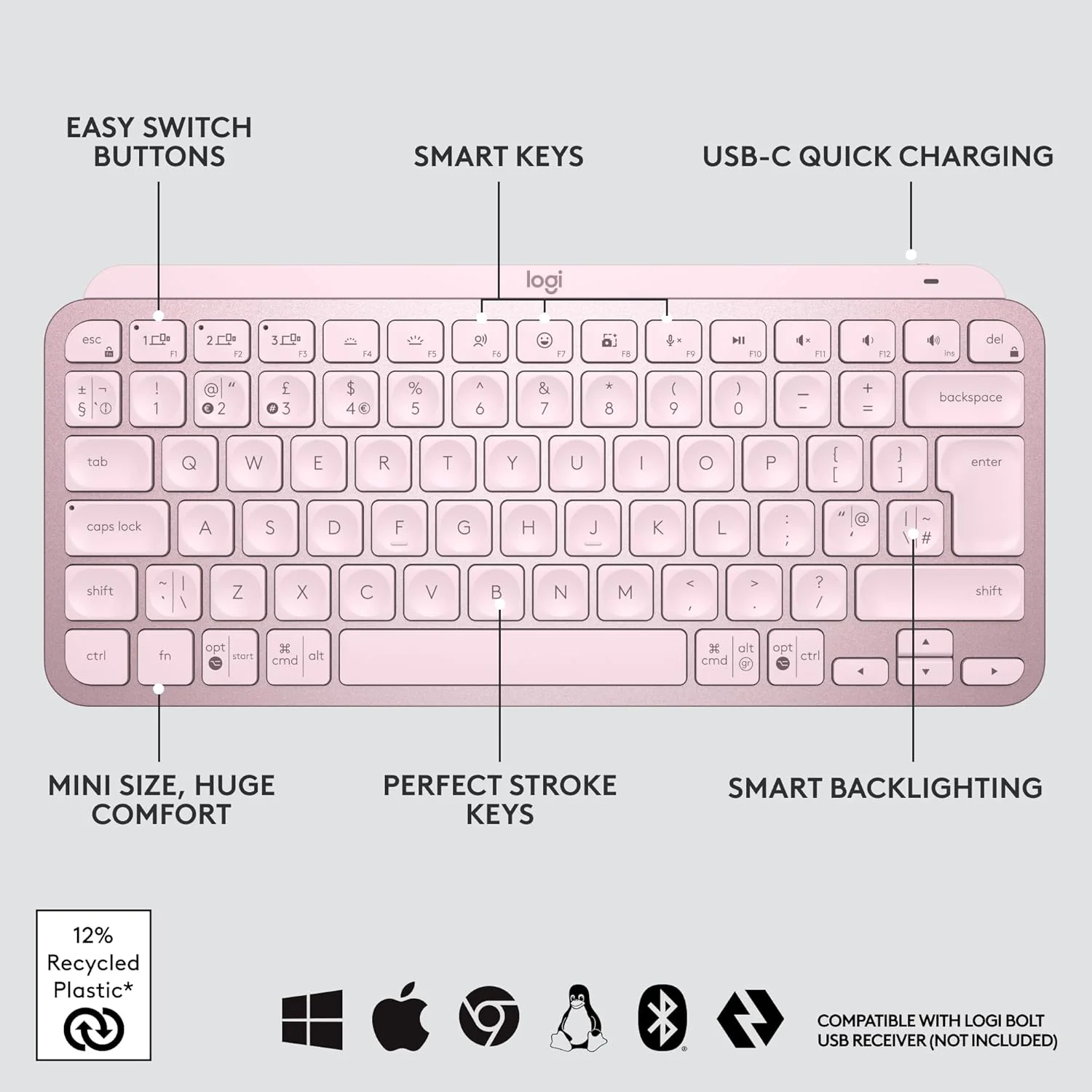 کیبورد بی سیم نور پس زمینه دار Logitech USB-C مدل Mx Keys - رز کیبورد بی سیم نور پس زمینه دار Logitech USB-C مدل Mx Keys - رز
