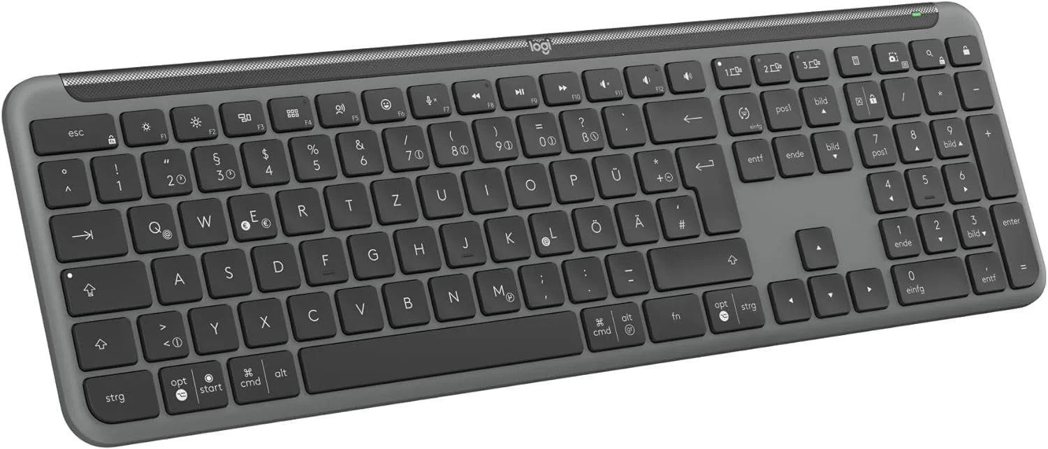 کیبورد بی‌سیم لاجیتک Signature Slim K950، طراحی باریک، جابجایی بین دستگاه‌ها در حین تایپ، تایپ بی‌صدا، بلوتوث، چند سیستم عامل، ویندوز، مک، کروم، طرح‌بندی DEU QWERTZ، گرافیت
