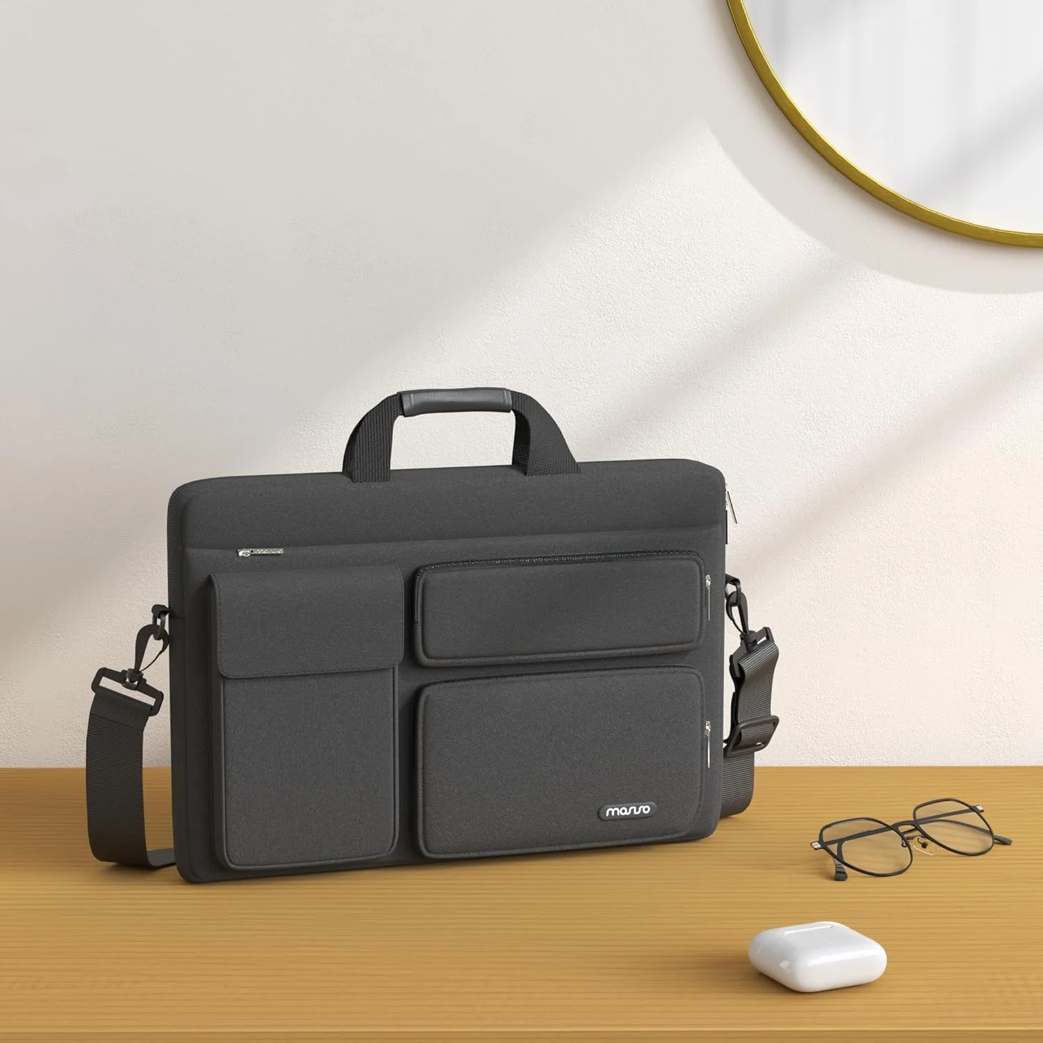کیف شانه ای لپ تاپ MOSISO با 2 جیب برجسته، 1 جیب پاکتی، 1 جیب افقی، دسته و کمربند
